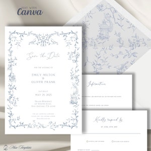 Elegant Wedding Invitation Template, Blue Garden Birds Suite, Invitation cards and Envelope Liner, Calligraphy Monogram, Editable Template