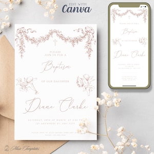 Vintage Baptism Invitation Template, Beige Cherubs Card and Mobile Phone Invitation, Editable Instant Download Canva Template