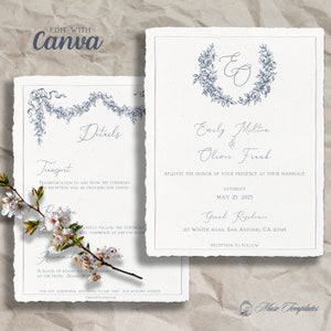 Elegant Wedding Invitation Template, Printable Save the Date, Editable Double-sided Blue Rose Wreath Invitation Card, Custom Canva Template