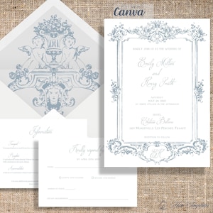 Modello per invito vintage barocco, biglietto d’invito per matrimoni con cornice blu polvere, interno per busta, monogramma calligrafico, modello Canva modificabile