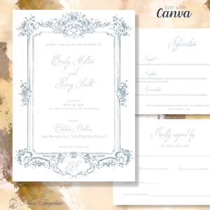 Plantilla de invitación barroca, invitación de boda con marco azul polvo, elegante tarjeta de invitación vintage 5x7, plantilla de Canva imprimible personalizada editable