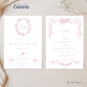 Barocke Hochzeitseinladungsvorlage, rosa Blumenengel-Einladung und Informationskarten, bearbeitbare benutzerdefinierte Canva-Vorlage