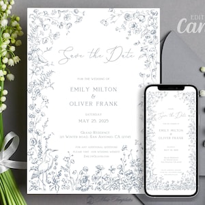 Feine florale blaue Save the Date-Vorlage, elegante Rahmenkarte und Handy-Einladung, bearbeitbare Sofort-Download-Canva-Vorlage