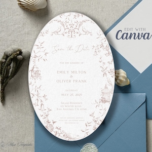 Modelo de cartão de convite oval, moldura elíptica de pássaros de jardim bege, salve a data, chá de bebê, convite de aniversário, modelo Canva editável