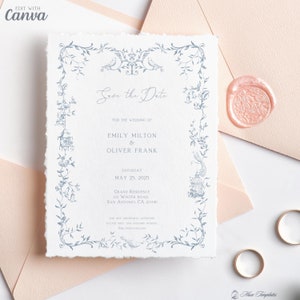 Elegante Einladungsvorlage, Blaue Gartenvögel Rahmen, Hochzeit Save The Date Card, Babyparty, Geburtstagseinladung, Bearbeitbare Canva Vorlage