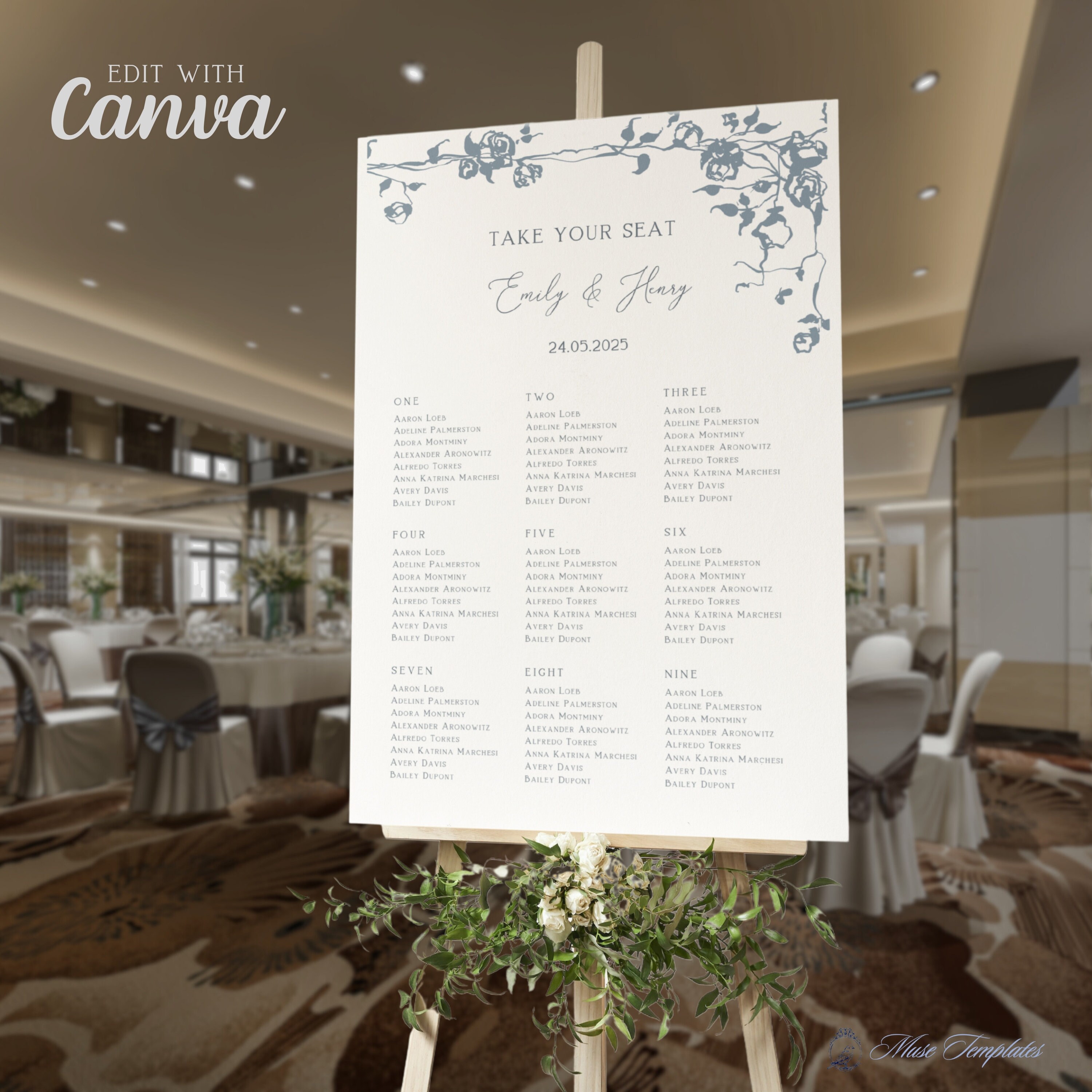 Alphabet Seating Chart Template, Wedding Dusty Blue Roses Seating Plan ...