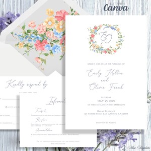 Elegant Wedding Invitation, Editable Custom Printable Canva Template, Meadow Floral Wreath Invitation cards and Envelope Liner, Calligraphy