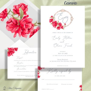 Plantilla de invitación de boda elegante, Tarjetas de invitación y forro de sobre con flores de color borgoña editables, Invitación de monograma de caligrafía, Plantilla de Canva