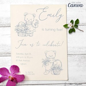 Modèle modifiable d'invitation d'anniversaire d'enfant, carte imprimable avec des ours en peluche bleus poussiéreux, invitation personnalisée sur toile, faire-part de téléphone portable numérique