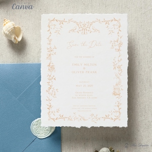 Modello di invito elegante, cornice per uccelli da giardino in oro, biglietto salva-data per matrimonio, baby shower, invito di compleanno, modello Canva modificabile