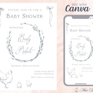 Elegante Babypartyeinladung, bearbeitbare Babypartyvorlage, benutzerdefinierte druckbare Canva-Vorlage, digitale Sofort-Download-Telefoneinladung