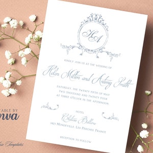 Fine Art Wedding Invitation Template, Vintage Blue Crest Wedding Invite 5x7’’, Baroque Invite, Editable Custom Printable Canva Template