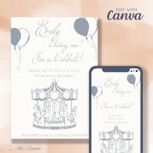 Editable Vintage Kids Birthday Party Invitation, Carousel Custom Printable Canva Template, Digital Instant download, Mobile phone Invite