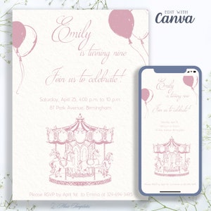 Editable Vintage Kids Birthday Party Invitation, Pink Carousel Custom Printable Canva Template, Digital Instant download, Mobile Invite