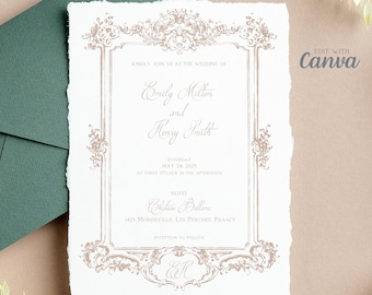 Baroque Invitation Template, Beige Frame Wedding Invitation and Information cards, Editable Custom Printable Invite Canva Template