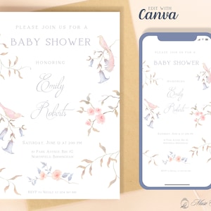 Elegante Gartenvögel Babypartyeinladung, bearbeitbare benutzerdefinierte druckbare Canva-Vorlage, digitaler Sofort-Download Handy einladen