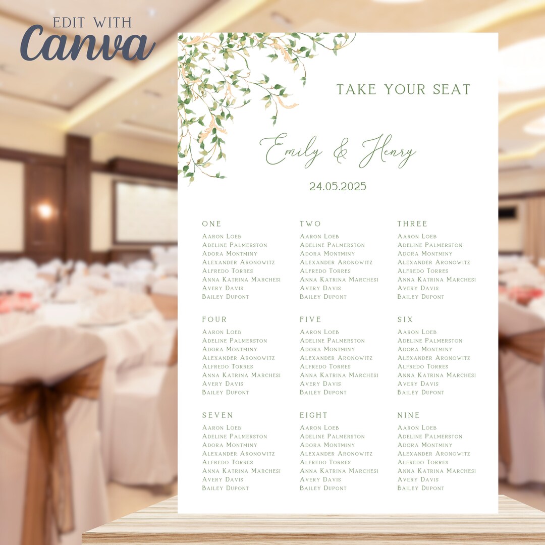 Alphabet Seating Chart Template, Wedding Greenery Floral Seating Plan ...