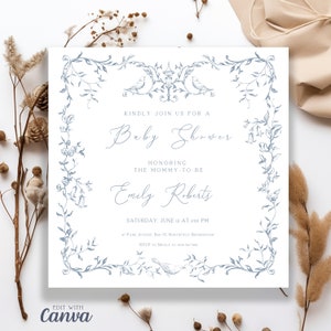 Modelo de convite de chá de bebê azul jardim pássaros, convite de cartão quadrado editável, modelo de canva personalizado editável