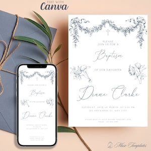 Plantilla de invitación de bautismo vintage, tarjeta de querubines azules polvorientos e invitación de teléfono móvil, plantilla Canva de descarga instantánea editable