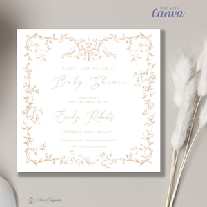 Modèle d'Invitation pour baby shower, faire-part carte carrée modifiable, cadre oiseaux de jardin dorés, modèle de toile personnalisé modifiable
