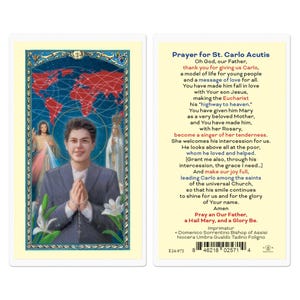 St Carlo Acutis Holy Card Laminated Catholic Prayer Card - Patron of Internet