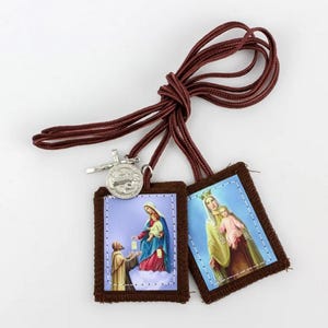 Our Lady of Mount Carmel and St Simon Stock Brown Scapular with Metal Charms 24 In