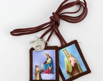 Our Lady of Mount Carmel and St Simon Stock Brown Scapular with Metal Charms 24 In