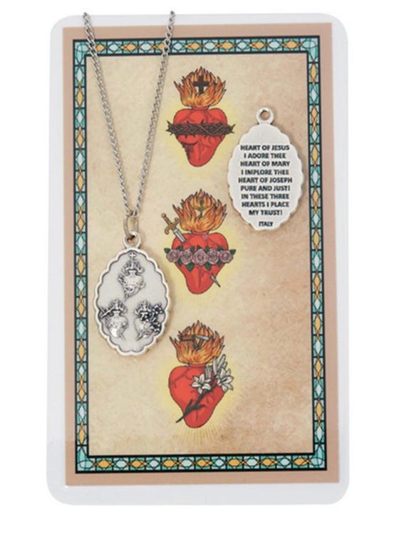 JMJ Three Hearts of the Holy Family Pewter Medal With Laminated JMJ Three Hearts of the Holy Family Pewter Medal With Laminated