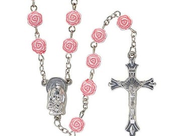 Pink Rose Flower Shaped Beaded Rosary Rose Bud Blessed Mother