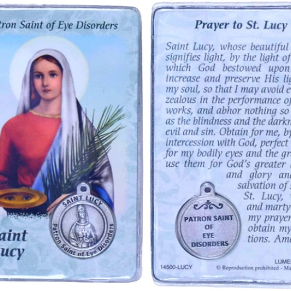 St Lucy Prayer Card with Medal Patron Saint of Eye Disorders  Laminated Catholic Holy Card