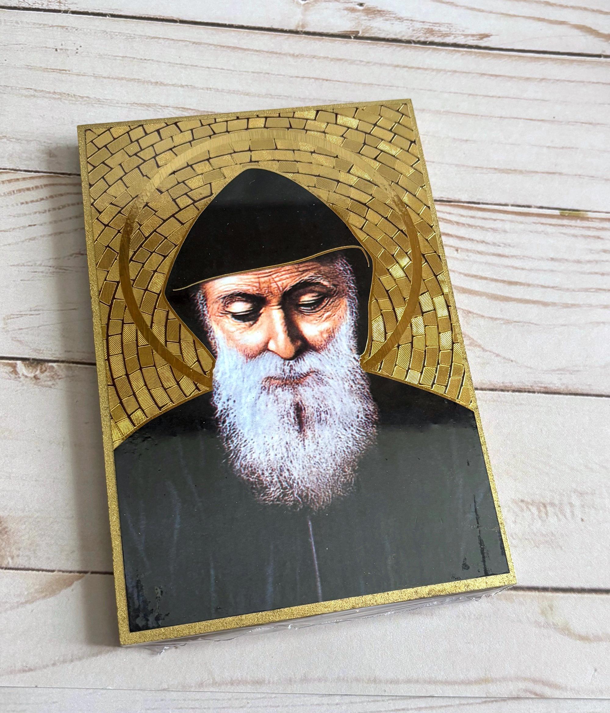 St Charbel Gold Foil Mosaic Plaque 4" X 6" With Full Color Prayer for ...