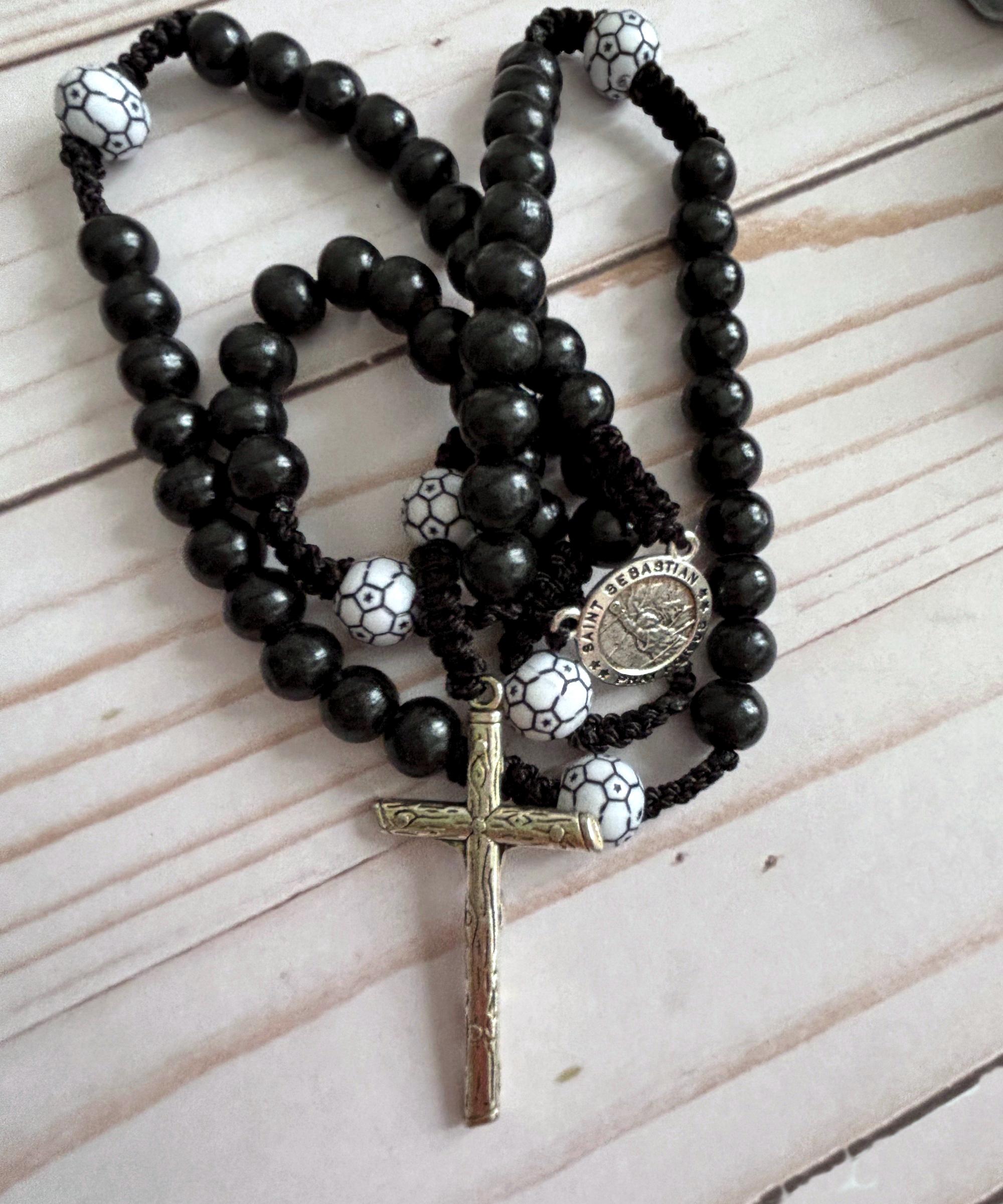 Soccer Sports Rosary Bead St Sebastian Black Cord Boys Teens