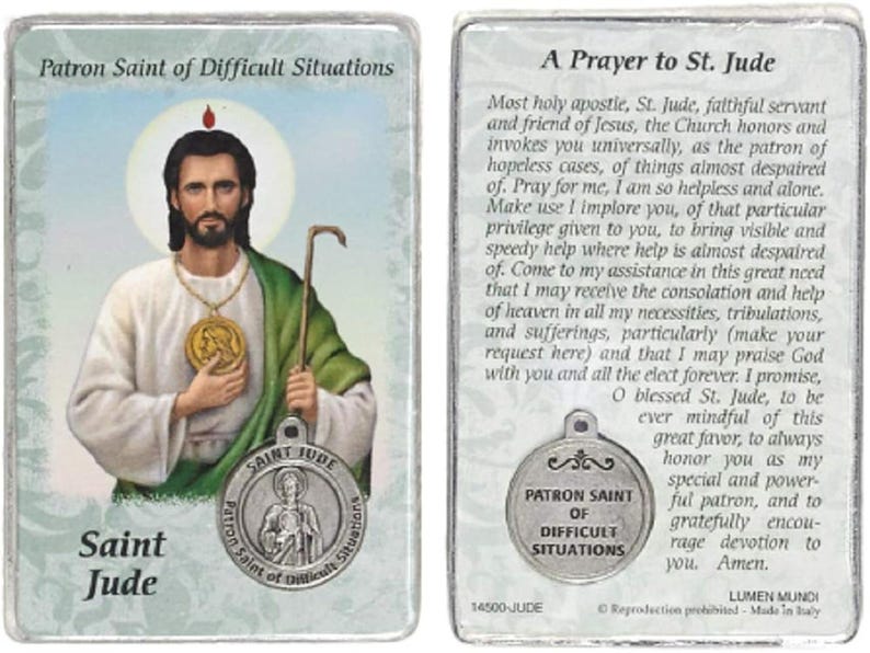 St Jude Prayer Card With Medal Patron Saint of Difficult Situations ...
