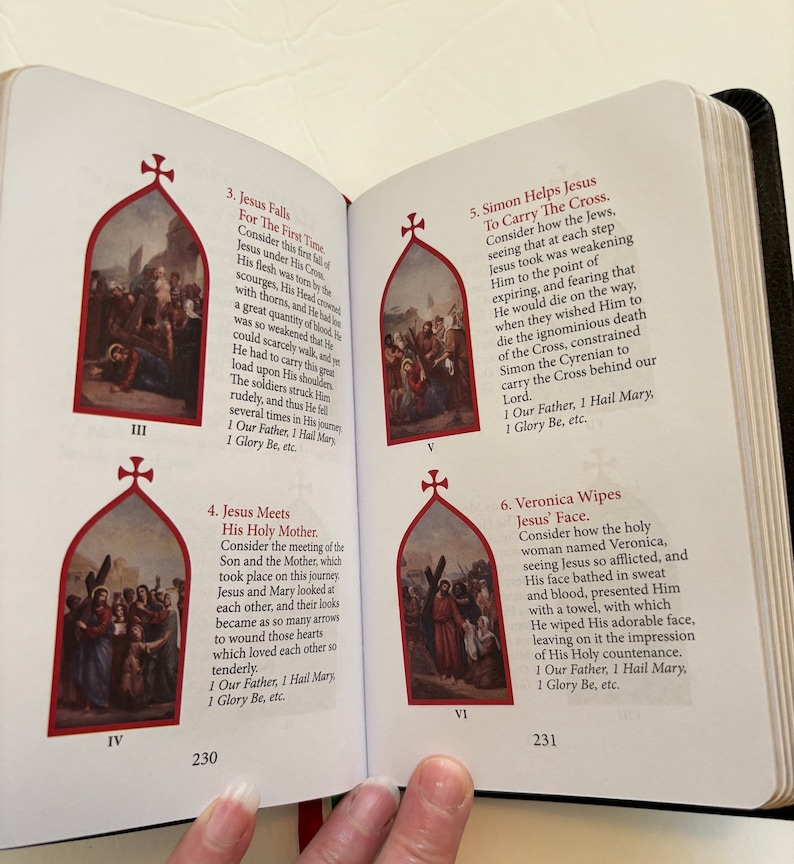 May include: Open book with pages displaying religious illustrations and text. The images depict scenes from the Stations of the Cross, with accompanying text. The book is open to pages 230 and 231, with a red ribbon bookmark.