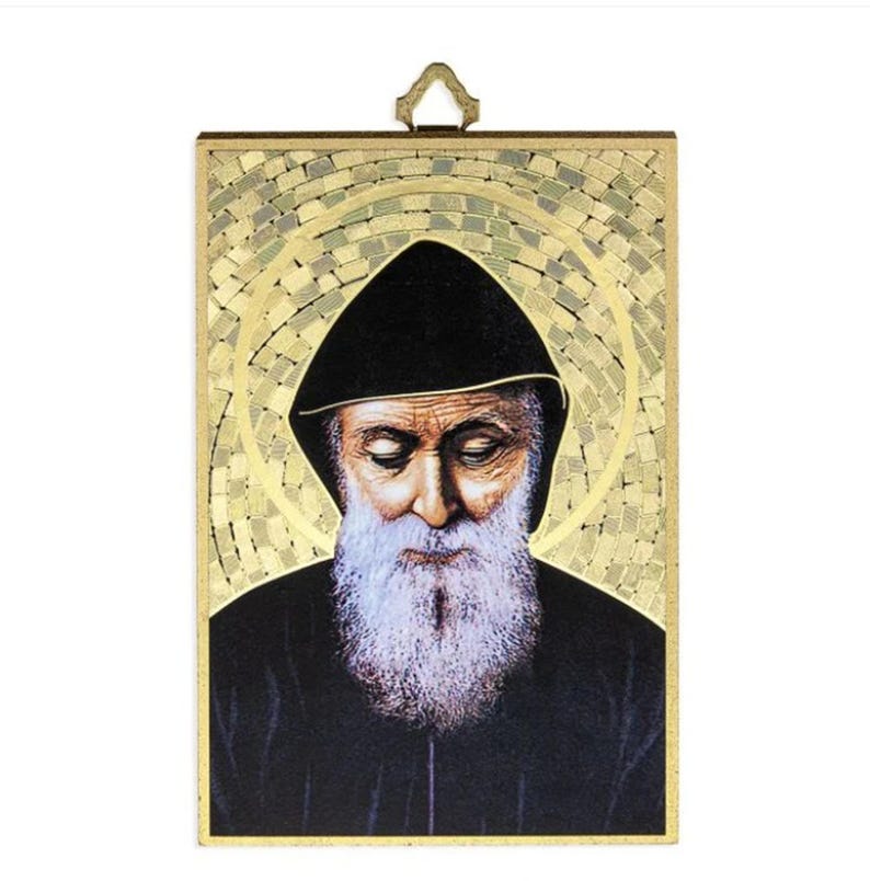 St Charbel Gold Foil Mosaic Plaque 4" X 6" With Full Color Prayer for ...