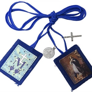 Blue Scapular of the Immaculate Conception w/ St Benedict Medal & Crucifix Dangle