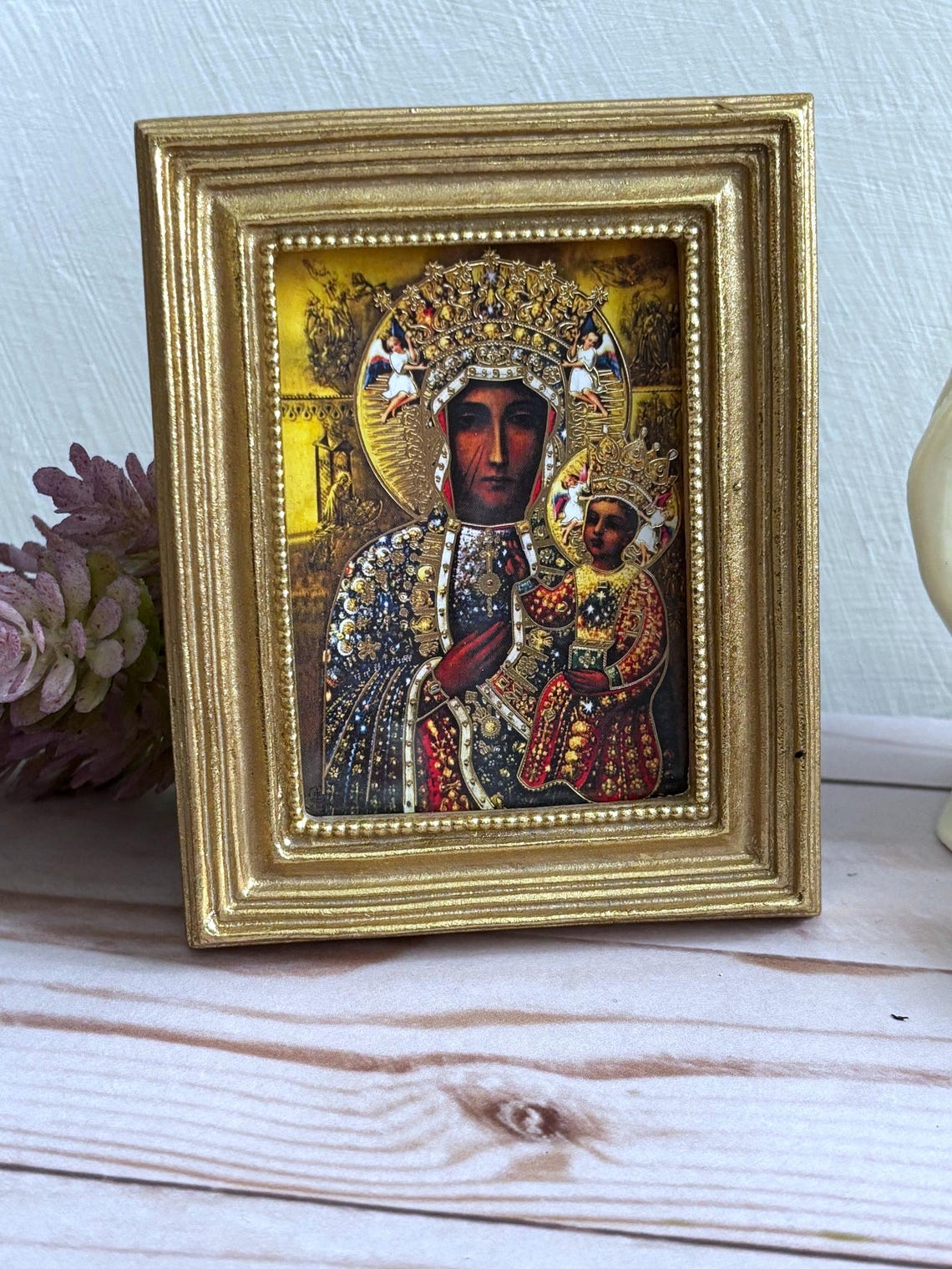 Our Lady of Czestochowa Catholic Print With Gold Leaf Square Frame 3-1/ ...
