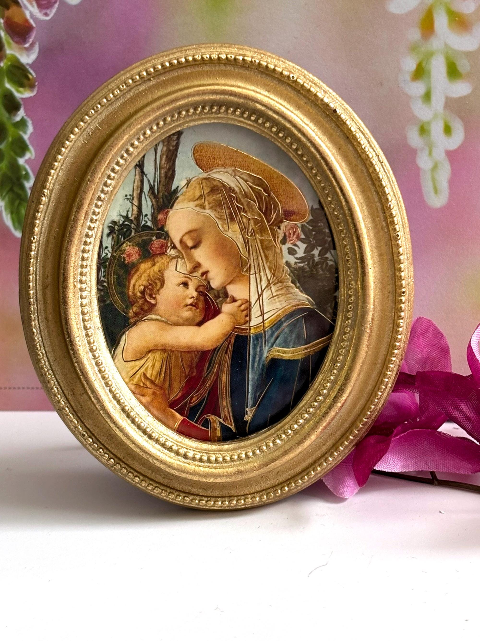 Madonna and Child Catholic Print in Gold Leaf Oval Frame 3-1/2" X 4-1/2 ...
