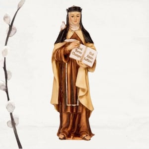 St Teresa of Avila Statue Hand Painted Cold Cast Resin Gold Leaf Accents 4 Inch High Figurine with Catholic Prayer Card