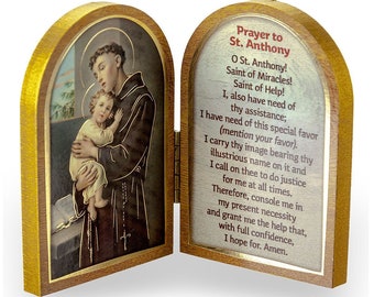 Saint Anthony Standing Wood Diptych Gold Trim 5 X 3 1/2&quot; Religious Icon Italian Art Work