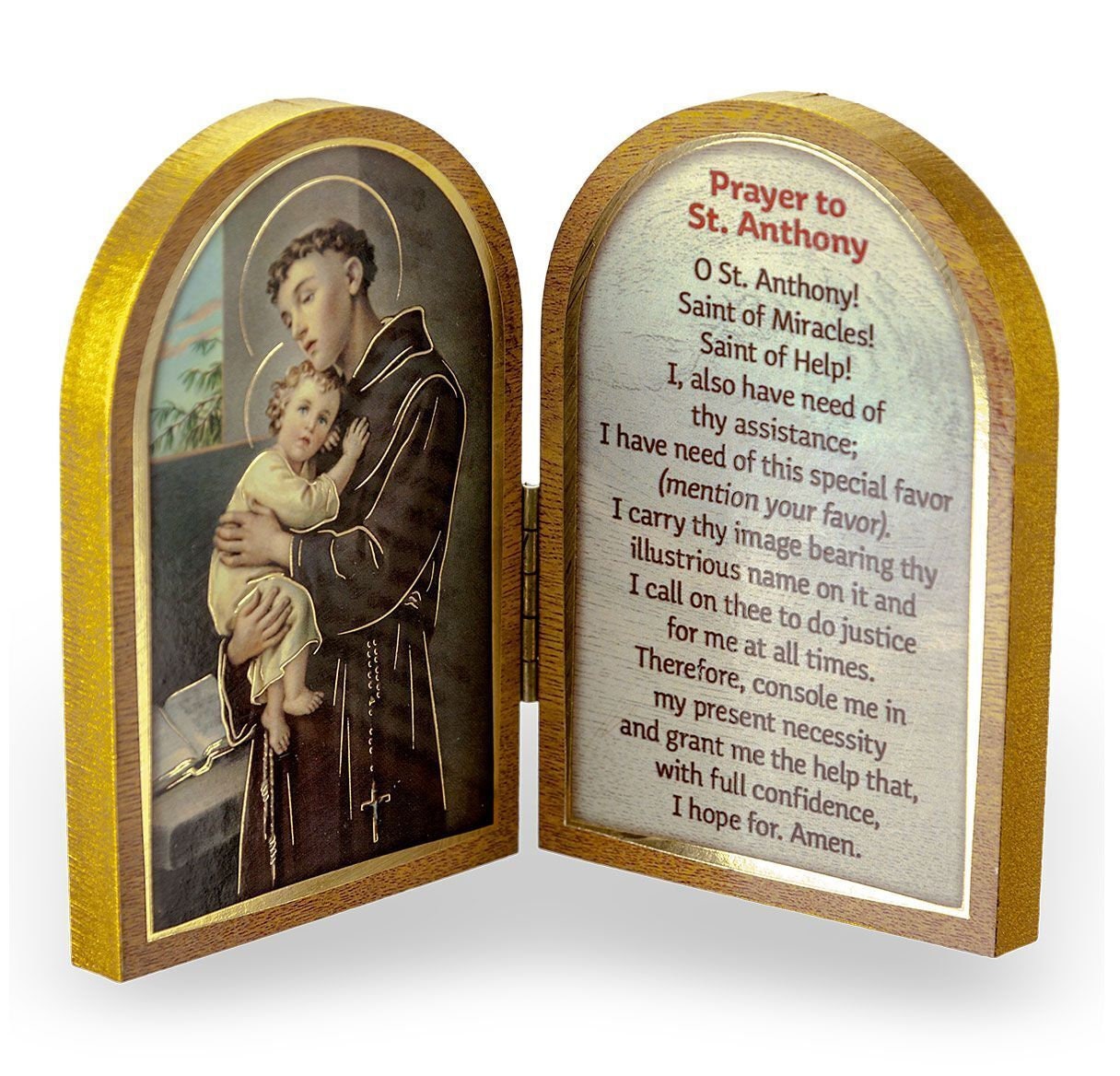 Saint Anthony Standing Wood Diptych Gold Trim 5 X 3 1/2