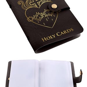 Dark Brown Leatherette "Holy Cards" Holder Prayer Card Collection Album w Sacred Heart