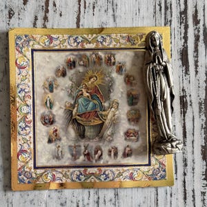 Italian Pocket Statue Our Lady of The Rosary Blessed Virgin Mary Includes Gold Embossed Mysteries of The Rosary Holy Card Mini Figurine