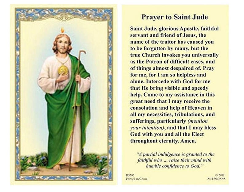 St Jude Holy Card Patron of Difficult Cases Prayer Card Stock Set of 10 ...