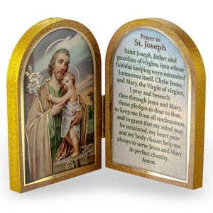 St Joseph Gold Embossed Diptych Italian Wood Prayer Plaque Icon Catholic Devotional