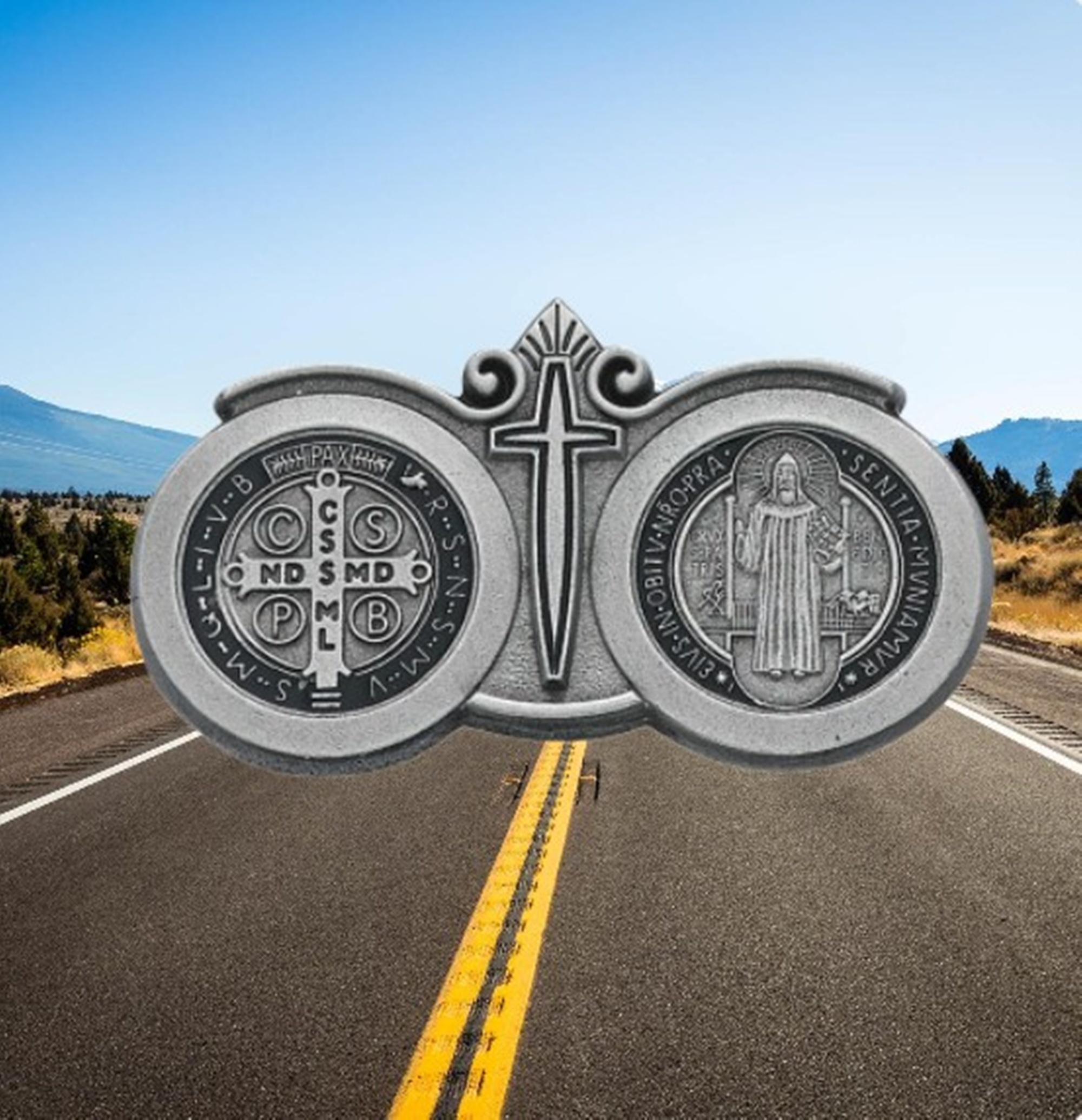 St Benedict Medal Pewter Travel Visor Clip With Black Enamel