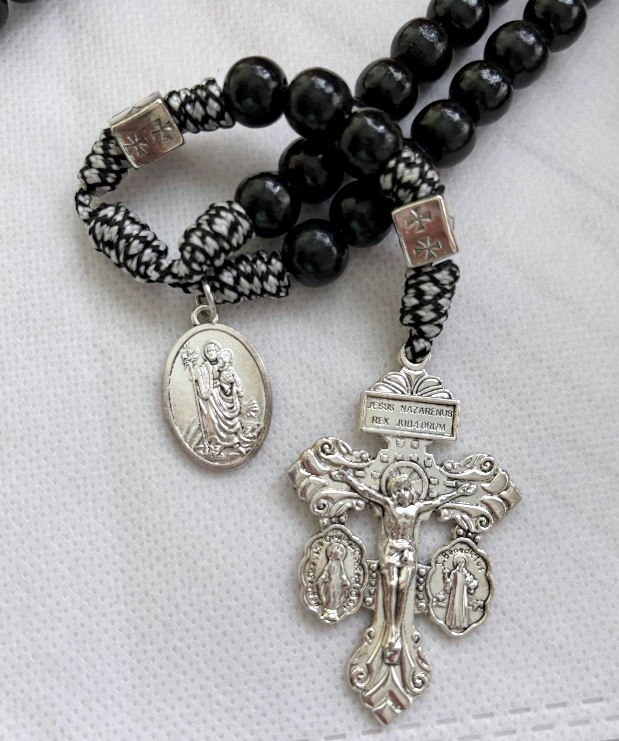 St Joseph Terror of Demons Rosary Black White Paracord W Pardon