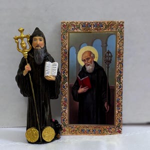 St Benedict Statue Hand Painted Cold Cast Resin Gold Leaf Accents 4 Inch High Figurine with Catholic Prayer Card