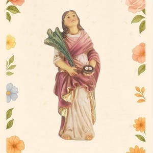 Saint Lucy Statue Hand Painted Cold Cast Resin Gold Leaf Accents 4 Inch High Figurine with Catholic Prayer Card - Patron of Eyesight