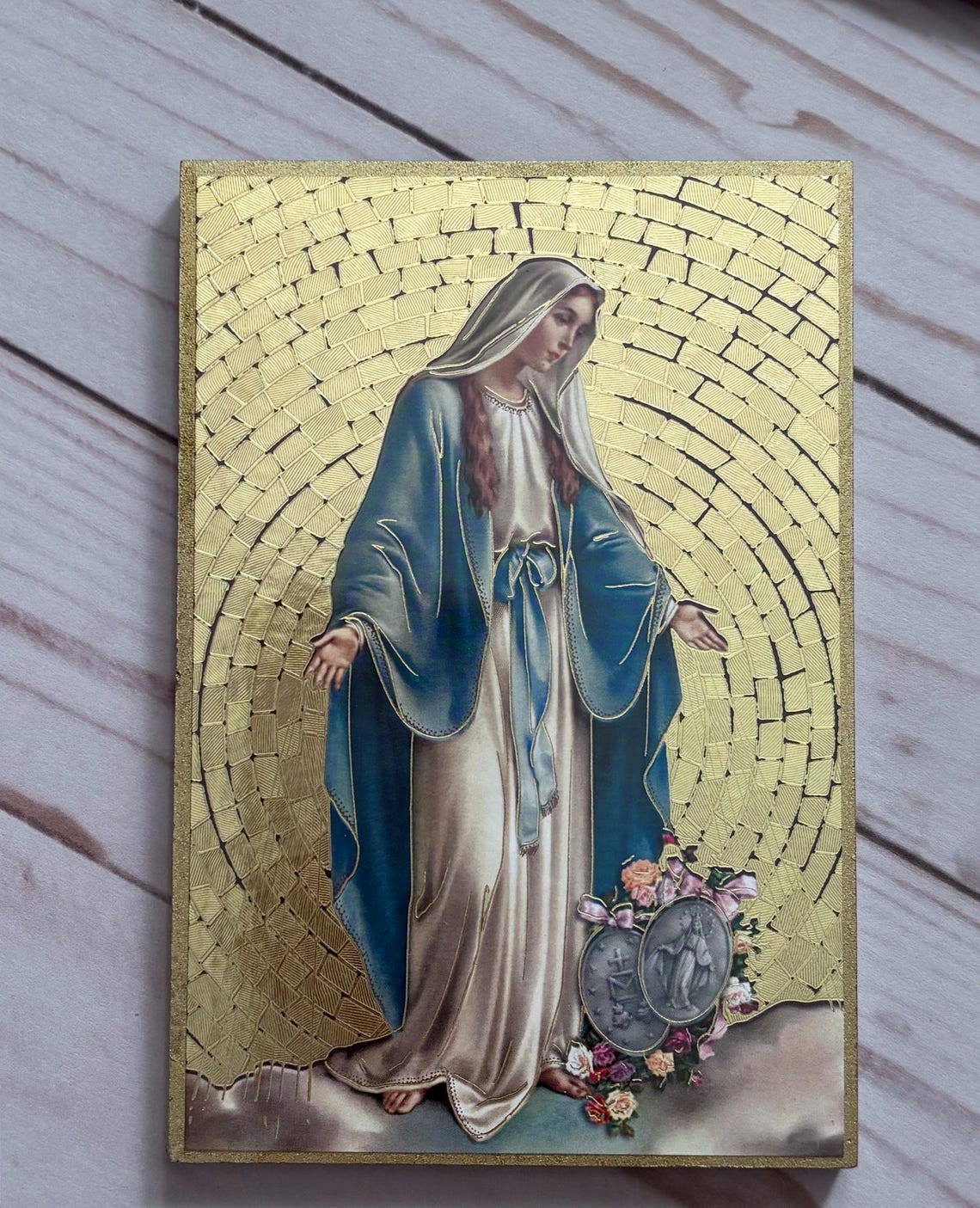 Our Lady of Grace Gold Foil Mosaic Plaque 4" X 6" With Full Color Hail ...